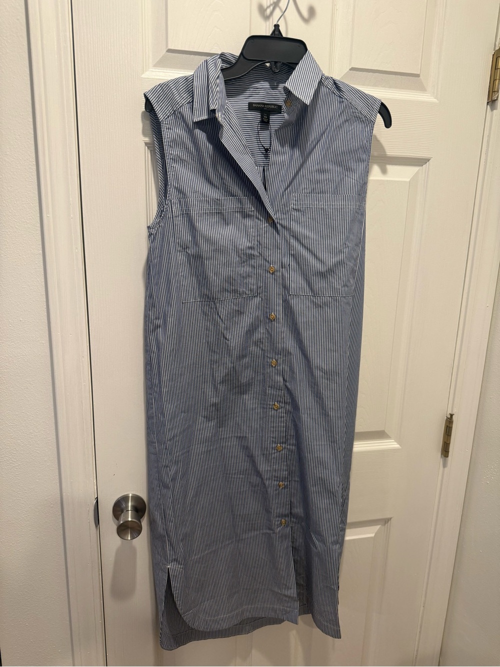 Banana Republic Blue Pinstripe Sleeveless Midi Shirt Dress